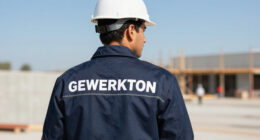A site worker in a white hard hat and a navy jacket with GEWERKTON printed across the back looks out over a construction site under a clear sky