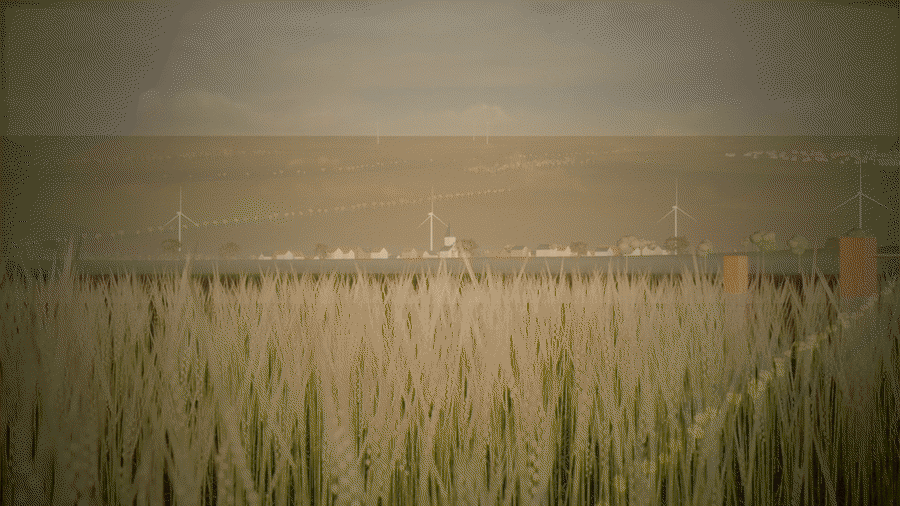Animated aerial time-lapse of a fictional data center campus growing from farmland to six finished halls